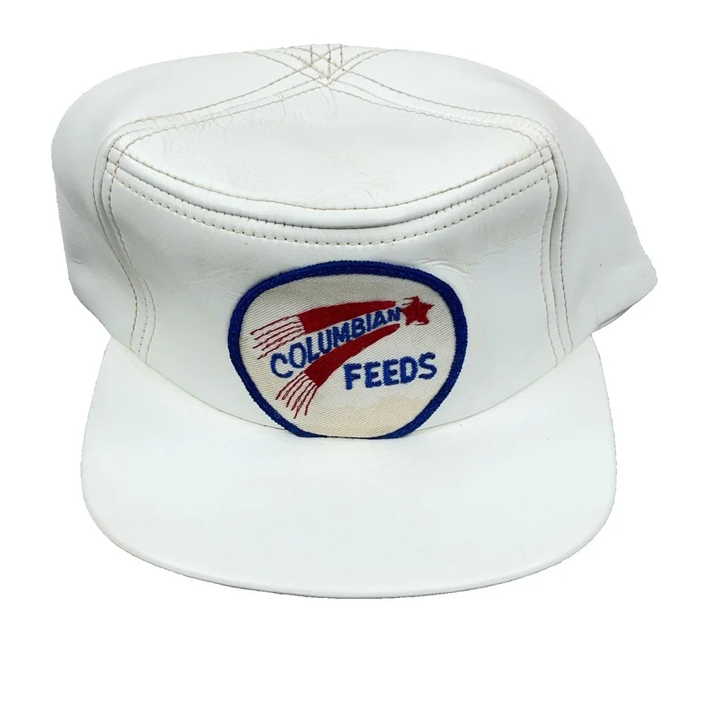 Vintage Columbia Feeds Trapper Hat Cap Trucker White Leather Patch 80s Made USA